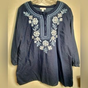 Charter Club Medium Blue Beaded Linen Shirt